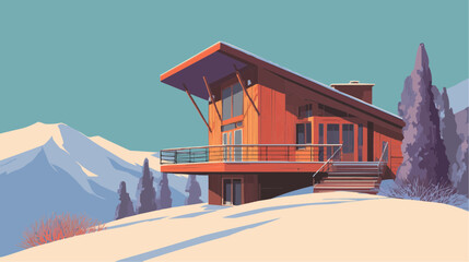 Old wooden ski lodge covered with snow in mountain landscape, flat vector illustration for travel poster, decor or winter packaging