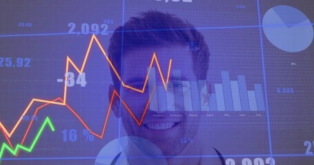 Smiling man in collared shirt blending with data dashboard in office showing line graphs bar chart
