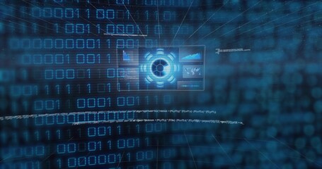 Glowing central HUD displaying rings and floating panels in cyberspace amid binary arrays