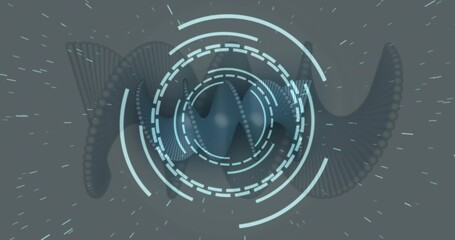 Rotating concentric HUD rings forming virtual interface at center, showing beaded helical ribbon