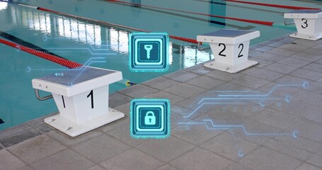 Showing white starting platform labeled 1 sitting at pool deck beside red dividers, with cyan UI