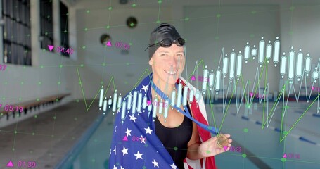 Standing swimmer in black swimsuit holding medal and United States flag with data overlay at pool