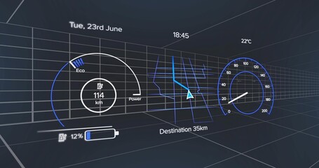 Projecting digital vehicle HUD over wireframe 3D grid, showing range 114 km, Destination 35km arrow