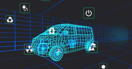 Fototapeta premium Rendering wireframe 3D van model within virtual grid tunnel, showing floating feature icons