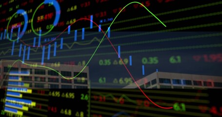 Displaying candlesticks overlaying office facades, featuring blue wicks, green-red averages, volume