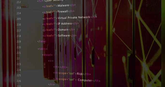 Glowing server racks and cabinets displaying colored LEDs in dim data center aisle, code overlay