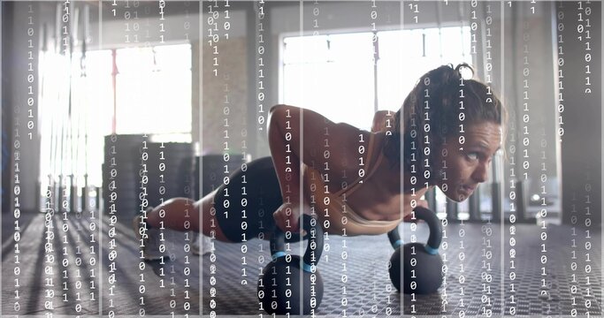 Doing woman holding hex dumbbells in renegade row on rubber mat, wearing tank top, binary overlay - Powered by Adobe