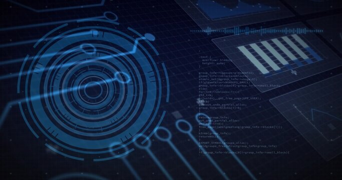Displaying large circular holographic HUD glowing on virtual dashboard, showing code and bar chart