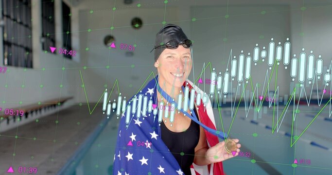 Standing swimmer in black swimsuit holding medal and United States flag with data overlay at pool