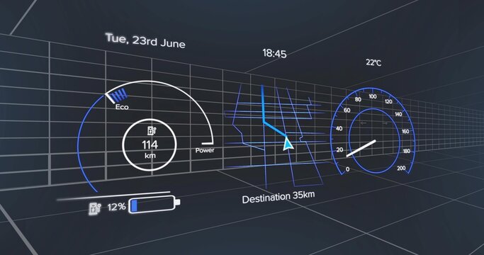 Projecting digital vehicle HUD over wireframe 3D grid, showing range 114 km, Destination 35km arrow