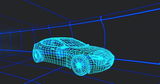 Displaying wireframe four-door sedan model sitting inside glowing blue grid tunnel, showing wheels