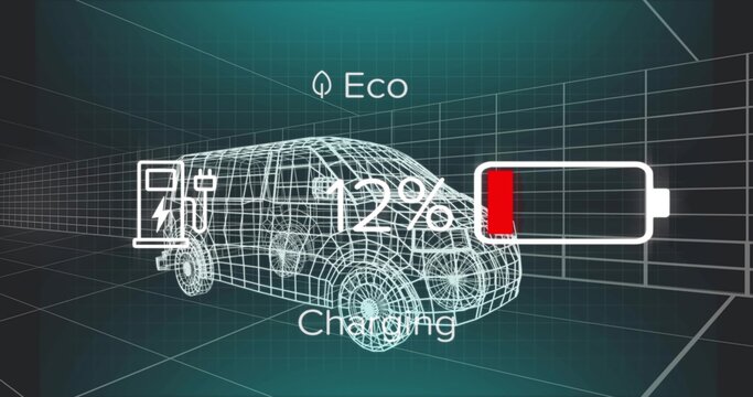 Displaying white wireframe van charging in 3D grid corridor, showing 12% battery, plug, Eco