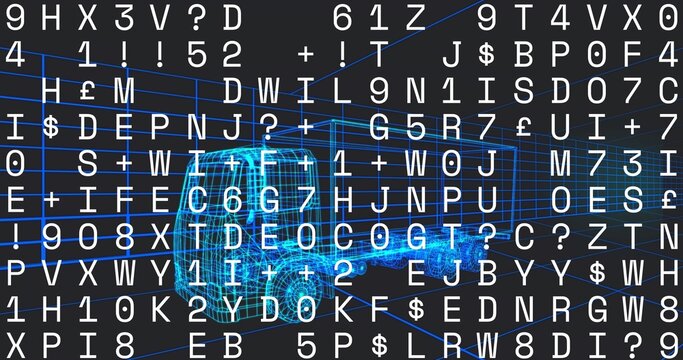 Fototapeta Rendering 3D wireframe box truck rotating in space, with neon-blue grid and alphanumeric overlay