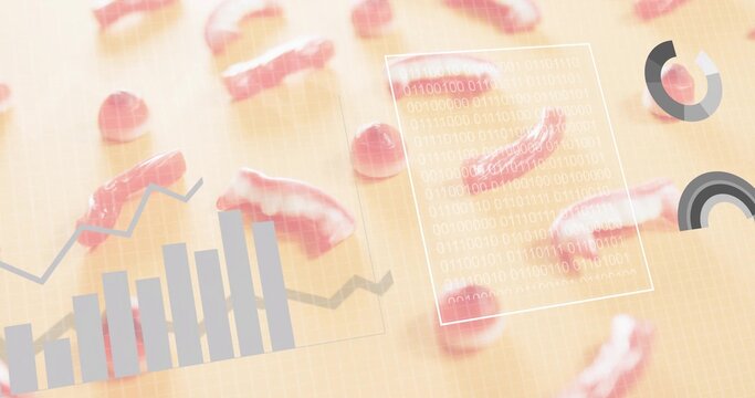 Showing scattered pink glossy pieces on beige grid, with bar chart, binary frame, donut charts