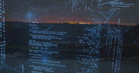 Projecting hologram data overlay spanning dusk horizon, with code blocks, wireframe grid, nodes