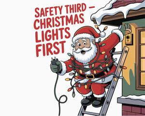 Santa tangled in holiday lights on ladder, prioritizing display over safety