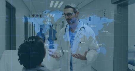 Gesturing physician in lab coat stethoscope speaking with patient in clinic hall, showing AR map