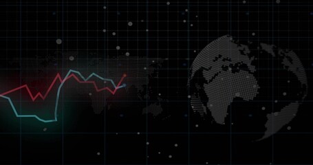 Displaying dotted world map, globe, teal or red line charts and glowing red endpoint on dark grid