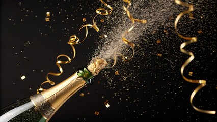 Exciting Celebration Sparkles Bursting From A Champagne Bottle Surrounded By Golden Confetti and Ribbons For New Year Festivities