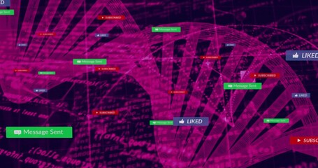 Displaying wireframe helix in magenta data visualization, showing Message Sent, LIKED, SUBSCRIBED