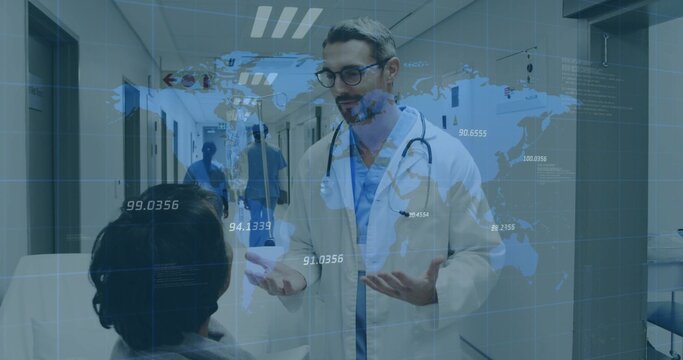 Gesturing physician in lab coat stethoscope speaking with patient in clinic hall, showing AR map