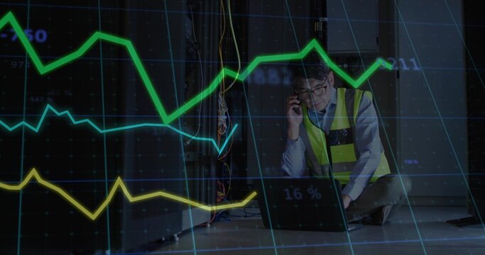 Inspecting man wearing hi-vis vest checking laptop and cables, phoning in server room, copy space