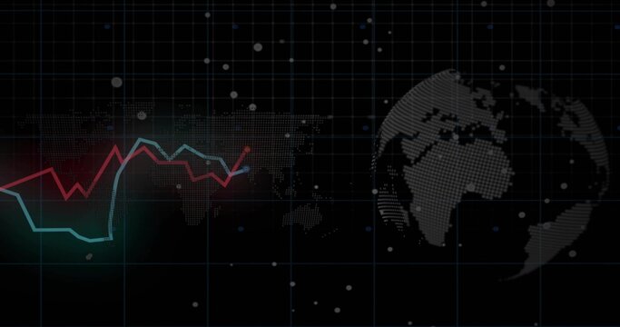 Displaying dotted world map, globe, teal or red line charts and glowing red endpoint on dark grid