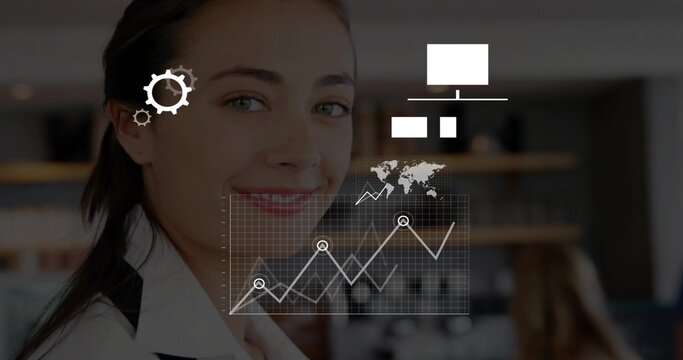 Smiling businesswoman wearing white shirt, dark jacket in office with line chart, gear icon overlay