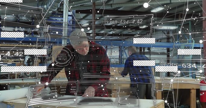 Leaning carpenter in plaid shirt and gray beanie inspecting workbench plans in workshop, AR overlay