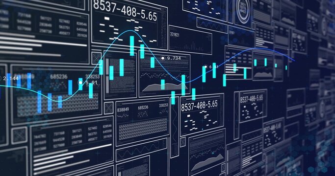 Displaying turquoise candlestick chart centering on dark screen, showing cyan MA line, readouts - Powered by Adobe