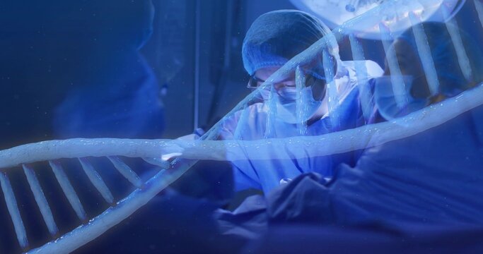 Operating surgeon in surgical PPE performing delicate surgery in OR, with DNA overlay and drapes