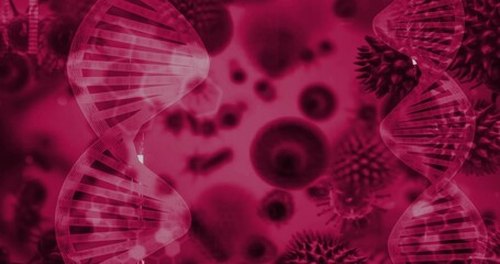 Framing DNA helices filling left and right edges in medical graphic, showing blurred cell bodies