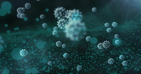Showing spiky spherical particles drifting in lab micro scene, with bokeh discs, mist, bright flare