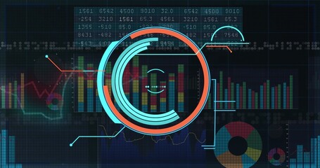 Displaying central ring HUD on dark dashboard, showing bar charts, line graphs, numeric readouts