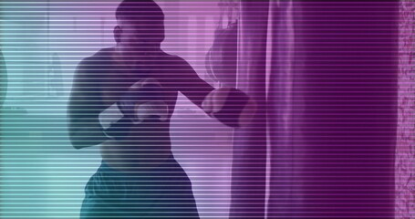 Punching bare-chested boxer shadowboxing in studio, wearing hand wraps, teal light, scan lines