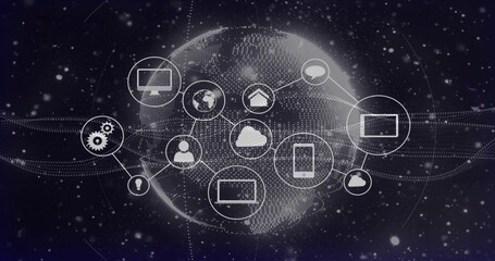 Displaying dotted globe linking network icons, dotted lines, waves, dots on navy backdrop