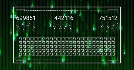 Showing centered white dashboard frame with three numeric counters and grid on dark binary streams