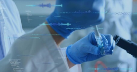 Pipetting hand in lab coat, nitrile gloves moving liquid into vial at lab bench, data overlay