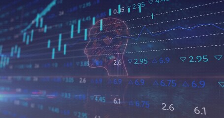 Showing translucent wireframe head projecting neural nodes on trading dashboard, with candlesticks