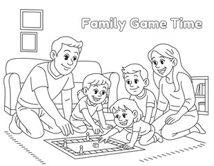 Family Game Time. Family playing board game together at home. Thanksgiving coloring page for kids, cozy fall activity, and printable fun.