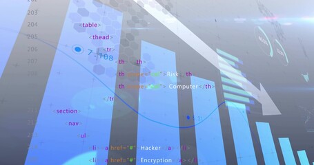 Displaying translucent cyan bar columns with blue trend line and downward arrow on dashboard, code