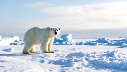Large, white polar bear stands on snowy tundra landscape beneath a partly cloudy sky