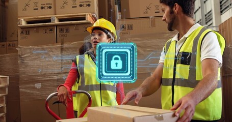 Gesturing woman in yellow hardhat vest using pallet jack at warehouse, man moving boxes, lock icon