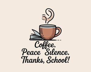 Coffee cup with steam, open book, peace, silence, school break, study