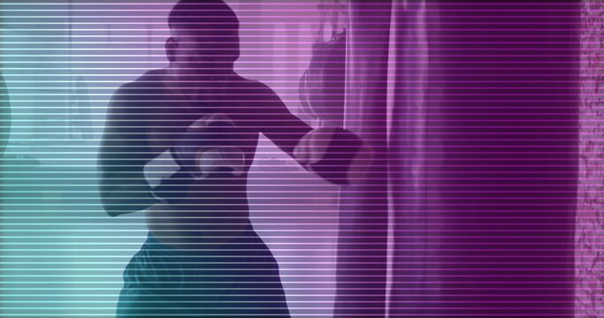 Punching bare-chested boxer shadowboxing in studio, wearing hand wraps, teal light, scan lines - Powered by Adobe