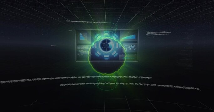 Rotating holographic interface hovering in virtual void, displaying circular core, data widgets