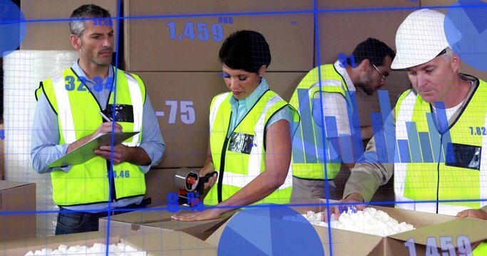 Sealing yellow-vested workers using tape dispenser and checking boxes at packing bay, blue overlays