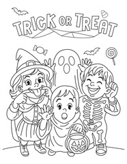 Trick or Treat. Children in ghost, witch, and skeleton costumes saying trick or treat. Halloween coloring page for kids, cute holiday printable, and fun autumn activity.
