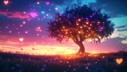 Glowing heart-shaped lights float near a tree atop a hill, at sunset with a blend of pink and blue hues