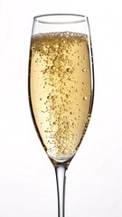 Bubbles Rising in a Flute Glass of Sparkling Champagne on a Clean White Background Celebrating the New Year Festive Occasion